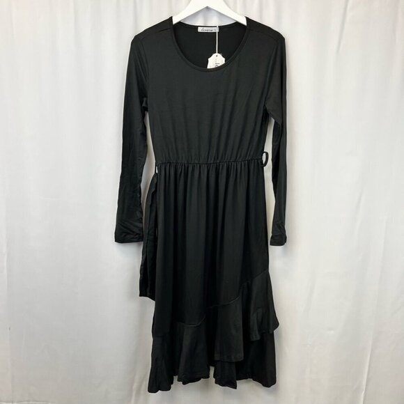 Levaca Womens Dress Black Midi Belted Long Sleeve Diagonal Ruffle Artsy S New - Picture 2 of 12